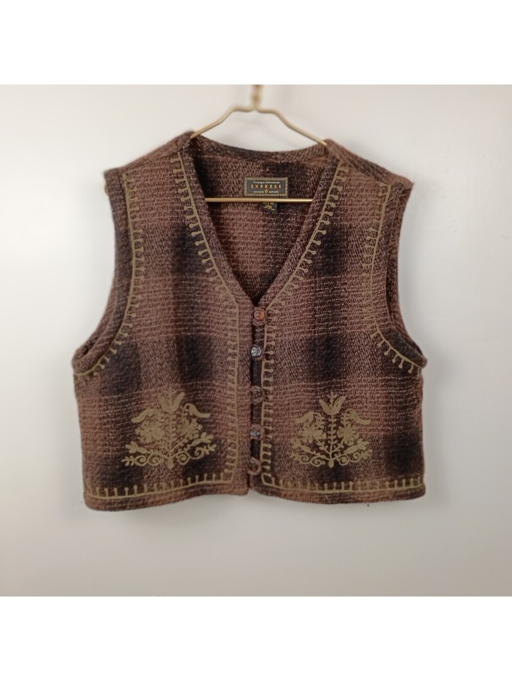 Compagnie Internationale Express Wool Folk Vest Women’s L Brown Vtg Embroidered